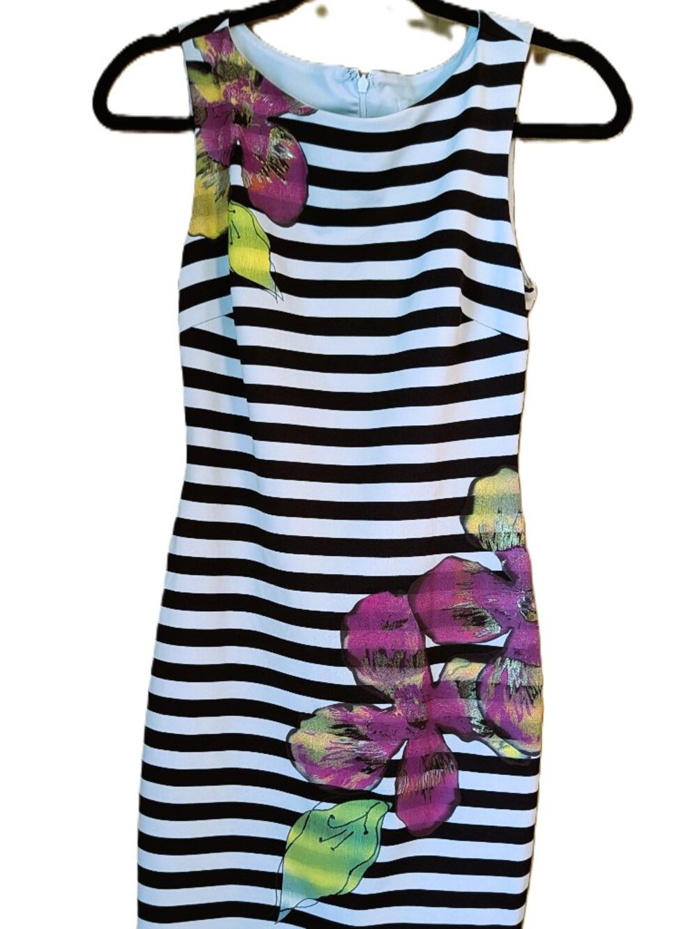 Caché dress with black stripes and colorful flowers